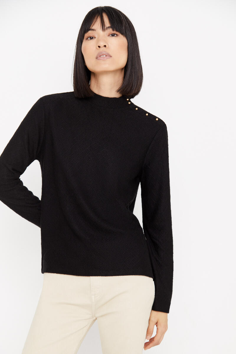 Cortefiel Textured buttoned top with mock turtleneck Black
