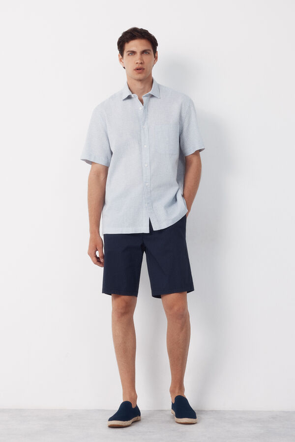 Cortefiel Checked cotton linen short sleeve shirt Blue