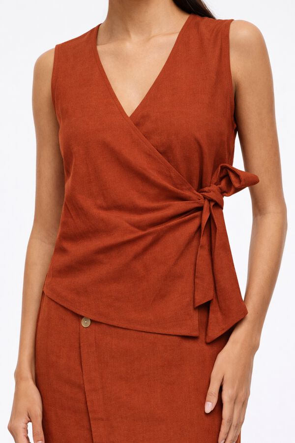 Vila Top cruzado em linho com la&ccedil;ada Vermelho