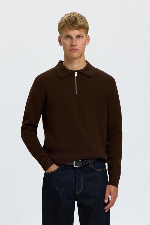 Selected Polo de malha de algod&atilde;o Castanho