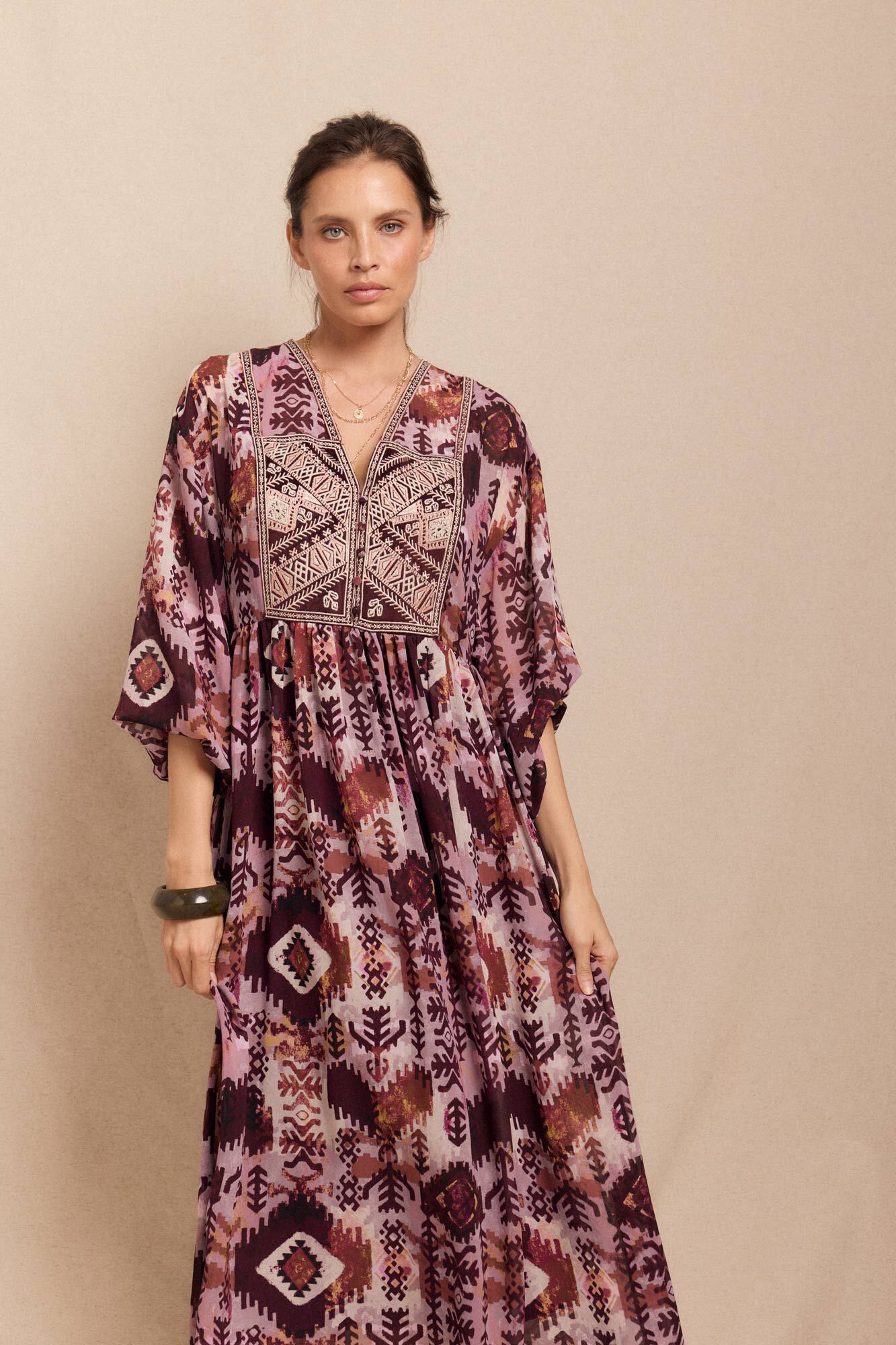 Slowlove Vestido flu&iacute;do estampado e bordado