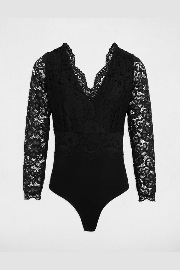 Morgan Body de renda com decote em bico Preto