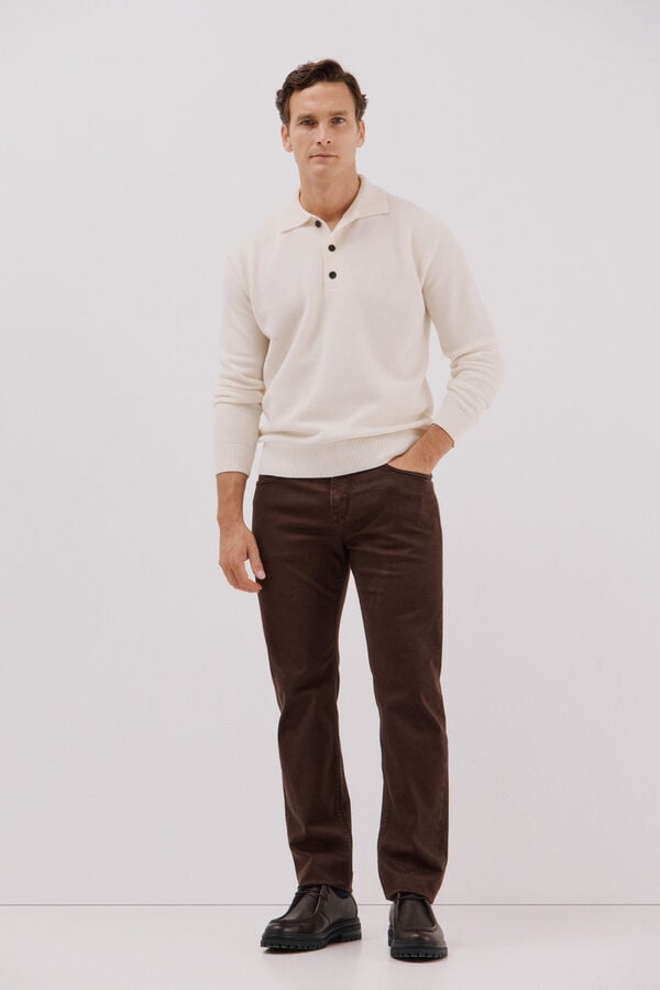 Cortefiel Suéter estruturado de lã com gola polo Ecru