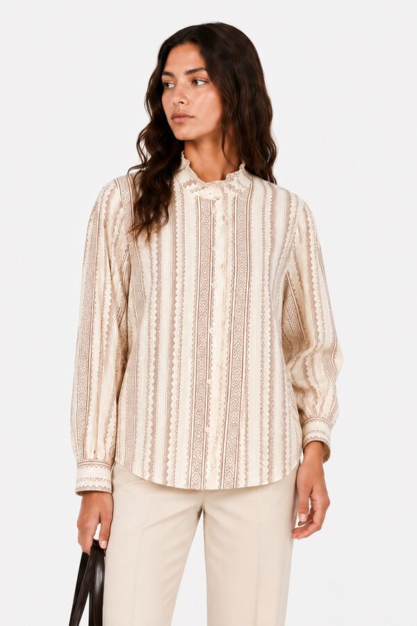 Vila Blusa estampada com gola com folho Tostado