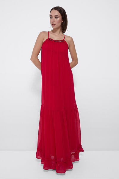 Cortefiel Long chiffon dress with beaded detail Red