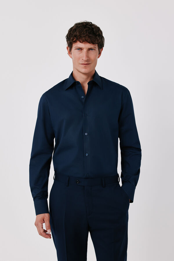 Cortefiel Plain Tencel cotton dress shirt Navy