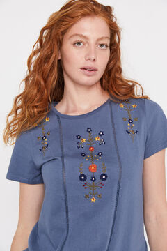Cortefiel Floral embroidered T-shirt Blue