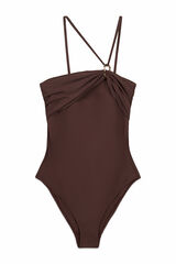 Cortefiel Asymmetric shaping swimsuit Dark brown