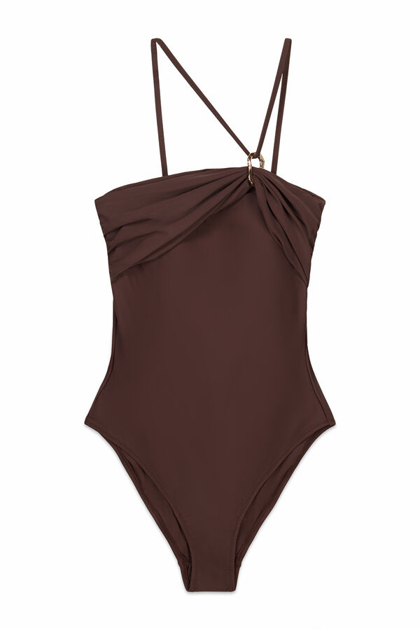 Cortefiel Asymmetric shaping swimsuit Dark brown