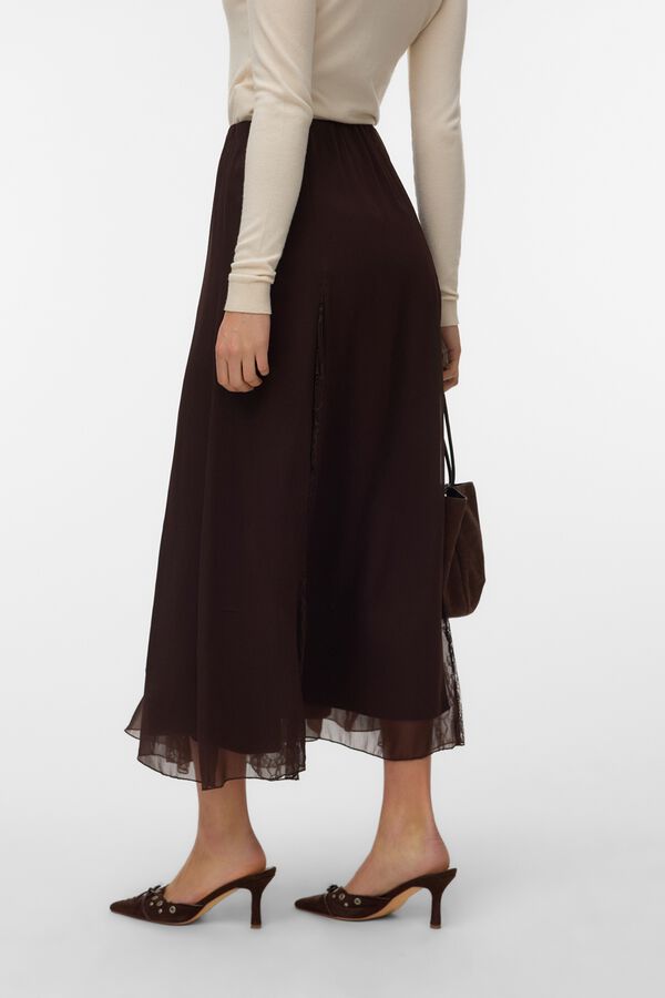 Vero Moda Saia midi em chiffon com renda Castanho
