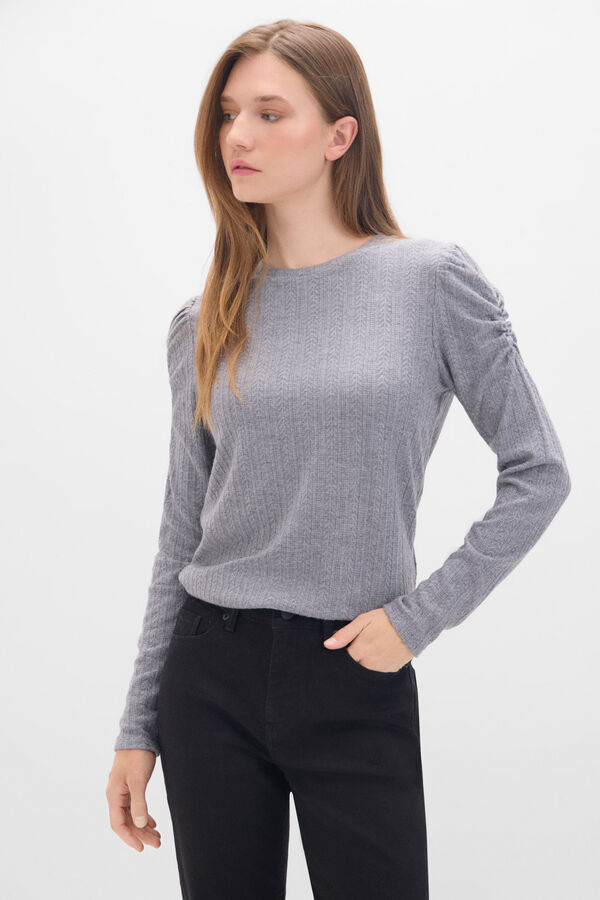 Cortefiel Elasticated textured top with puffed sleeves Grey