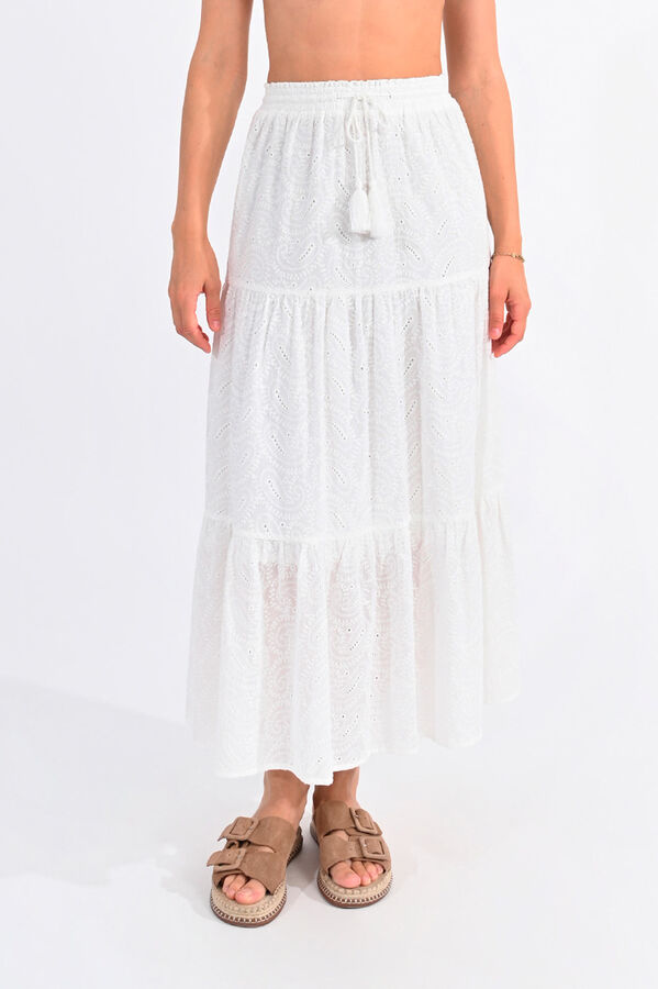 Cortefiel Long skirt with ruffles in embroidered fabric White