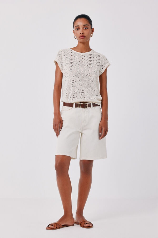 Cortefiel Embroidered crochet t-shirt Ivory