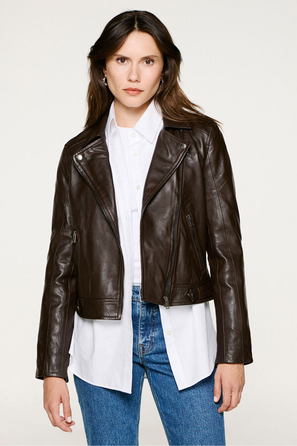 Selected Blusão biker curta 100% couro Castanho