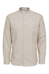 Cortefiel Camisa de manga comprida e gola mao em linho e algodão orgânico. Marrom