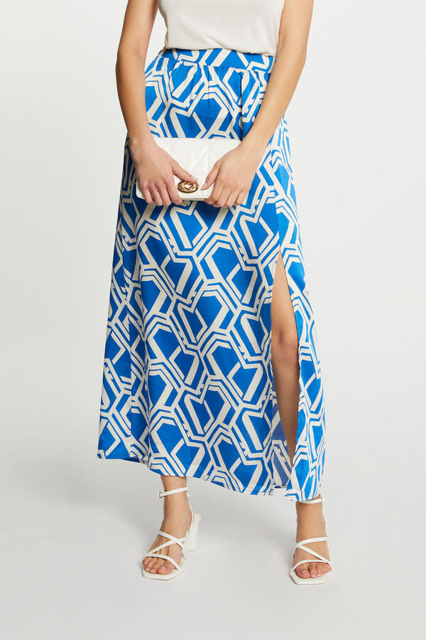 Cortefiel Long printed flared skirt Printed blue