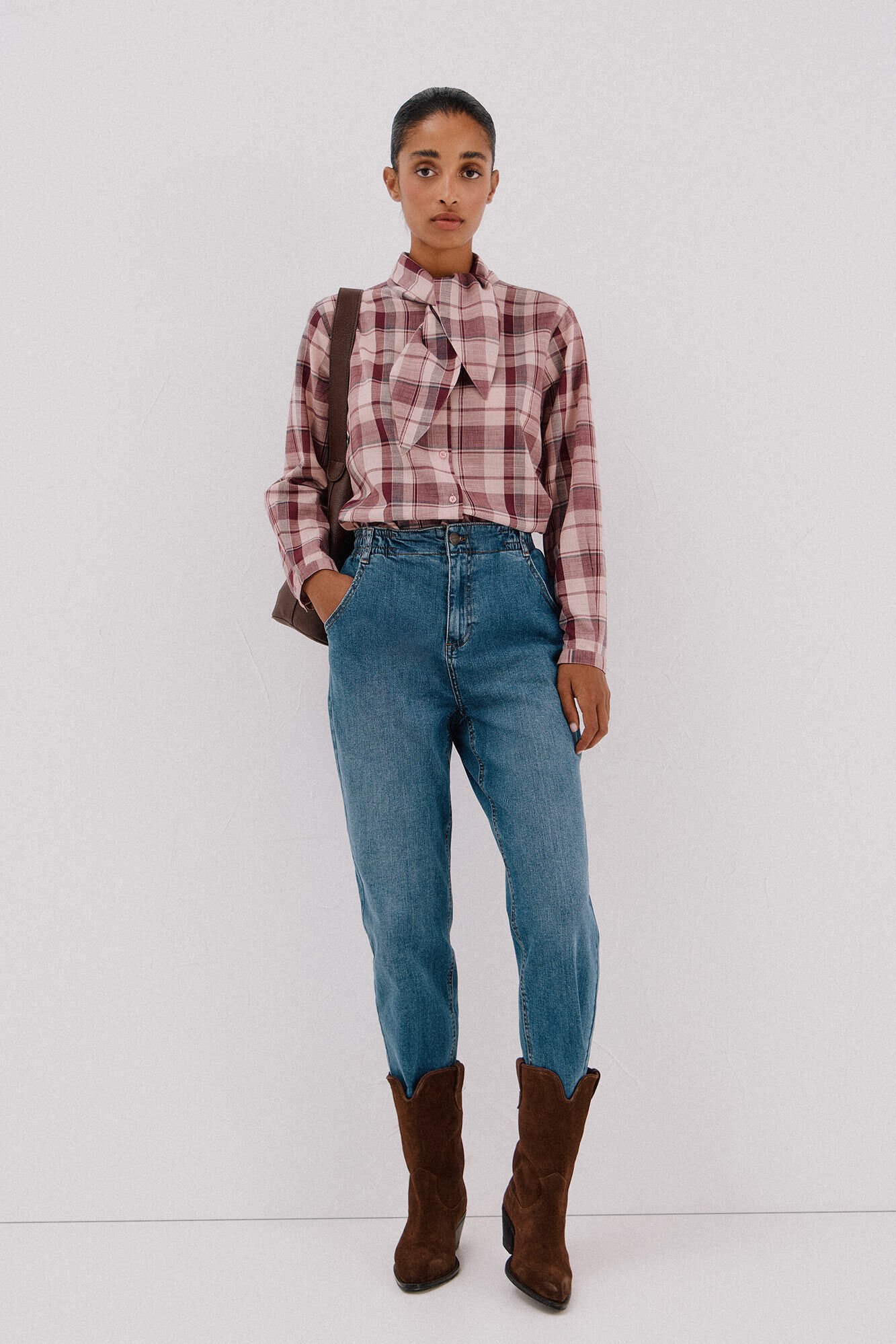 Cortefiel Plaid blouse with bow