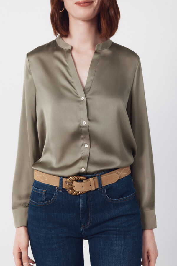 Cortefiel Printed satin mandarin shirt Kaki