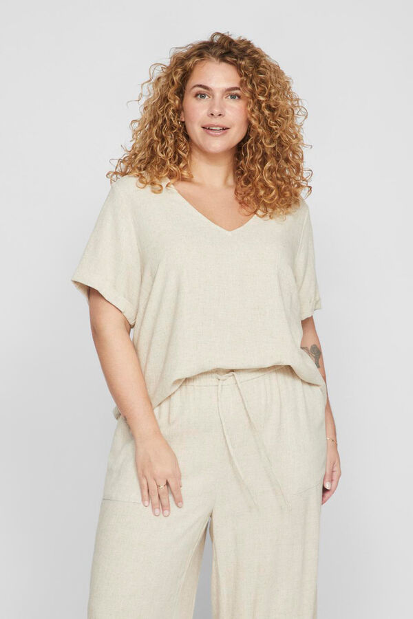 Cortefiel Curve linen short-sleeved T-shirt Nude