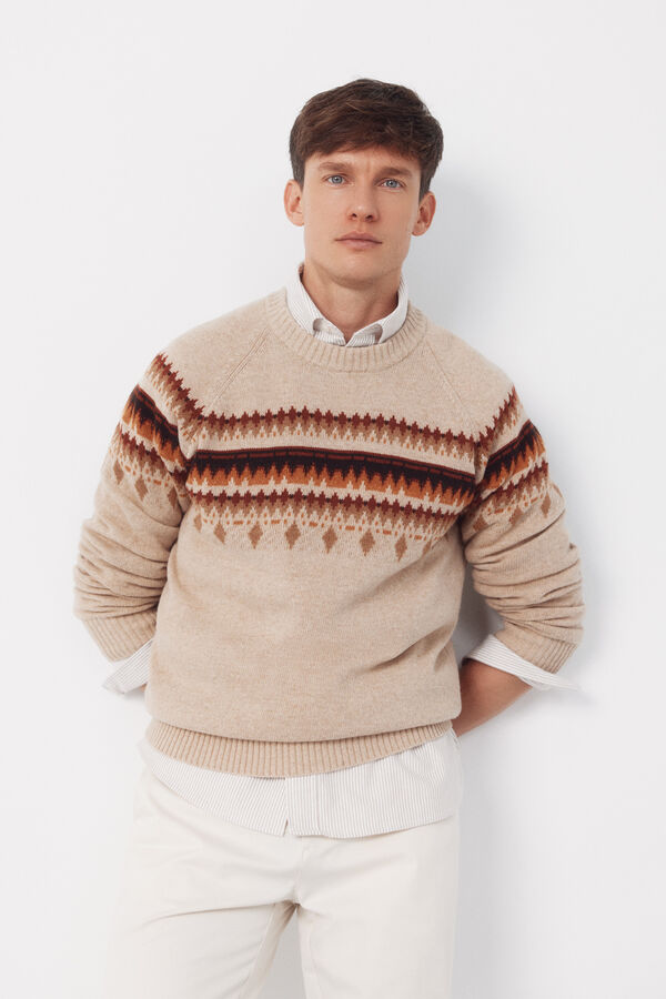 Cortefiel Jersey navideño fantasía lana cuello caja Beige
