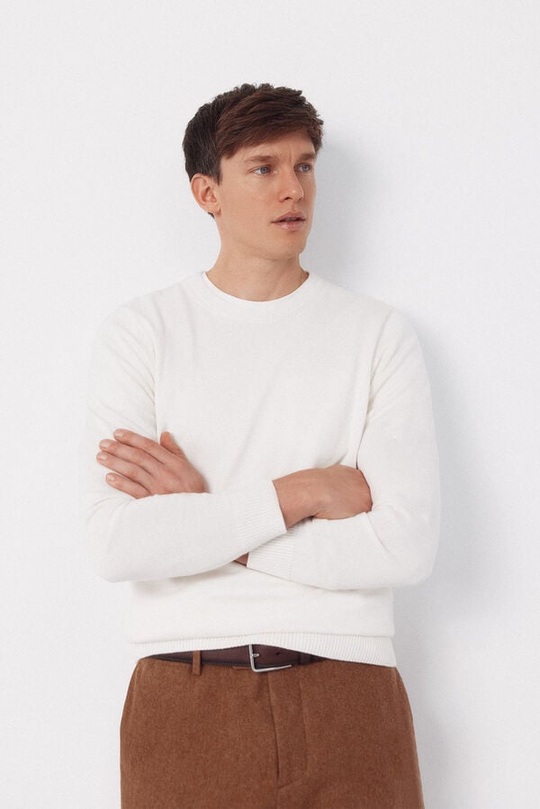 Cortefiel Basic cotton knit round neck jersey-knit Ivory