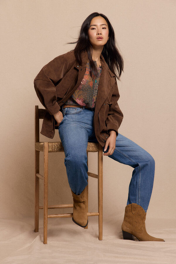 Slowlove Blusão motard efeito pele Tostado