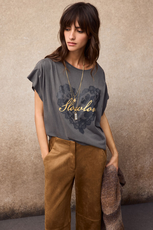 Slowlove Printed pleated T-shirt Grey