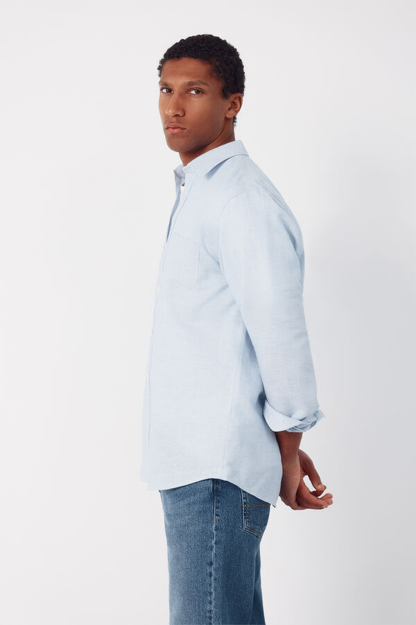 Cortefiel Camisa em linho e algod&atilde;o &agrave;s riscas Azul