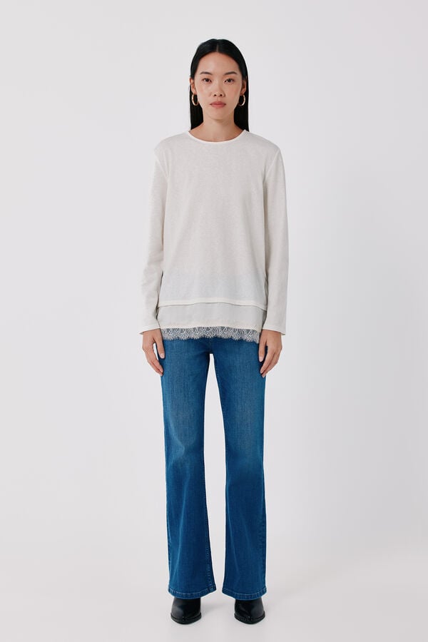 Cortefiel Plain hem T-shirt with lace detail Ivory