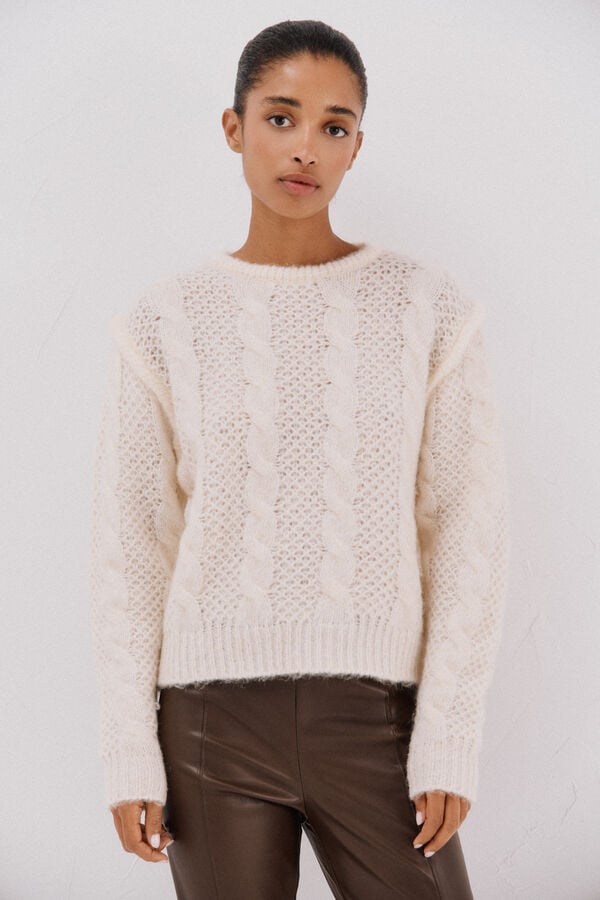 Cortefiel cross-knit - jersey-knit sweater. Ivory