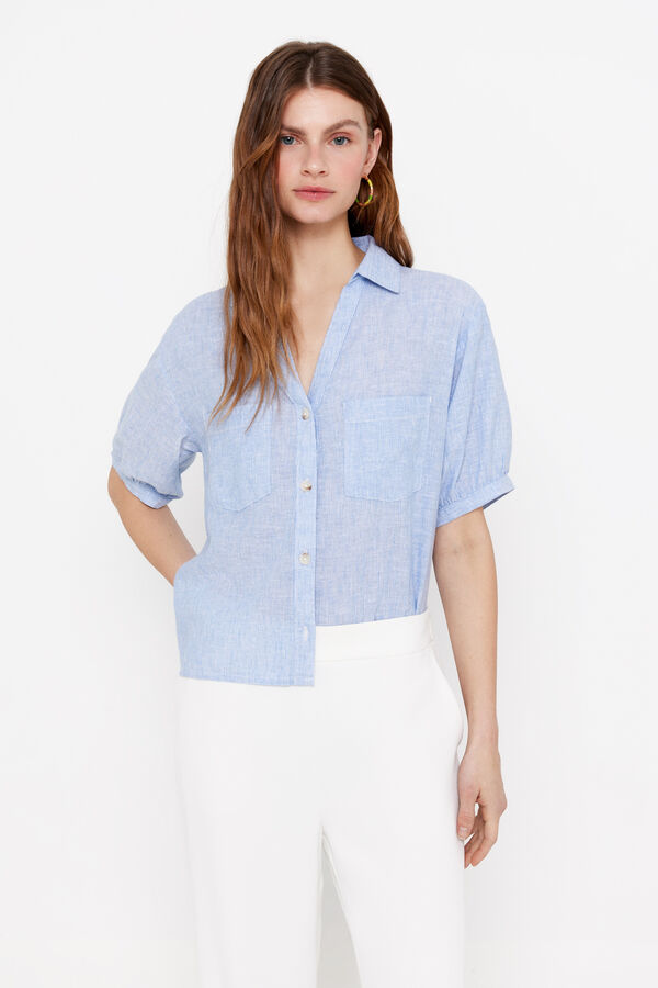 Cortefiel Camisa lino manga corta Estampado azul
