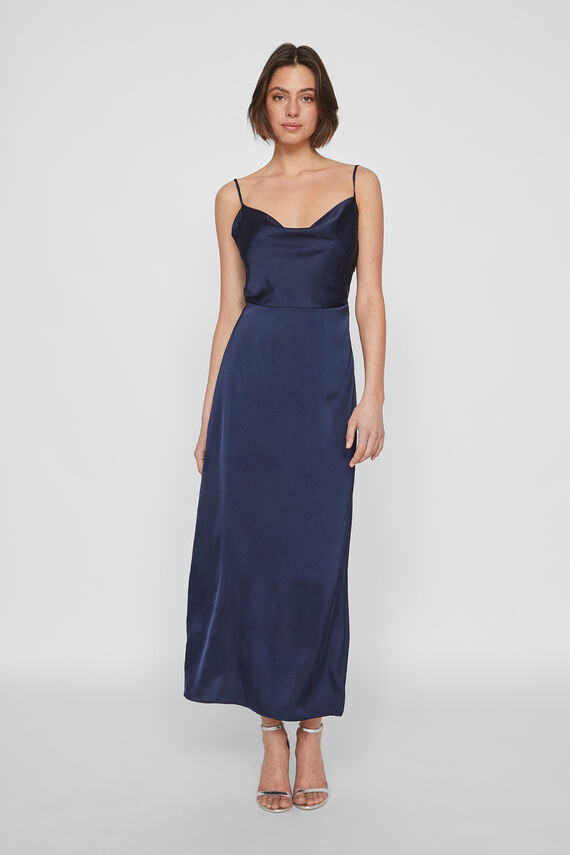 Vestido largo satinado escote drapeado