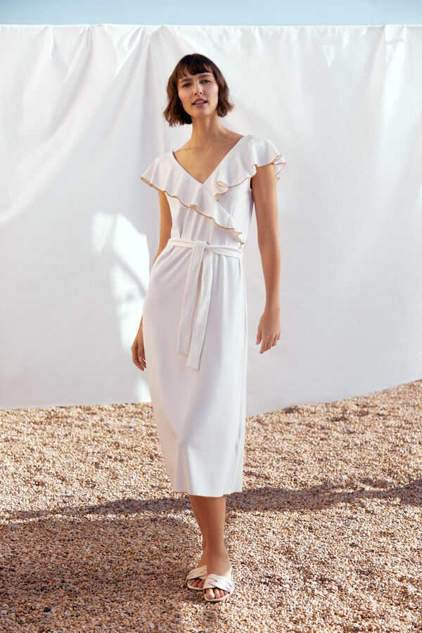 Cortefiel Ribbed dress with ruffle Ivory