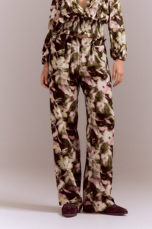 Cortefiel Long flowing trousers Printed green