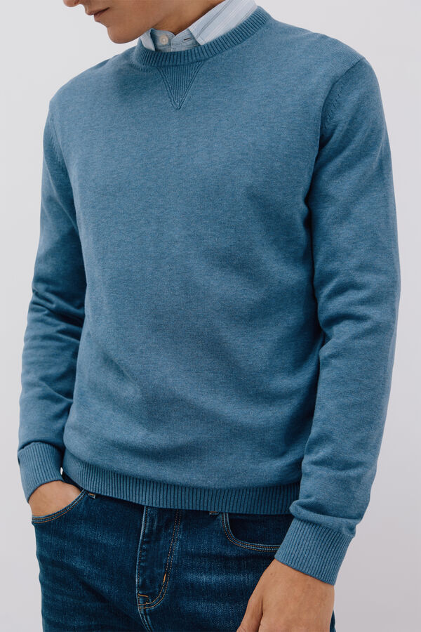 Cortefiel Fine knit cotton round neck jersey-knit  Blue