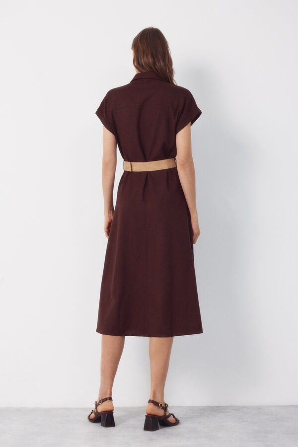 Cortefiel Vestido lino Marr&oacute;n oscuro
