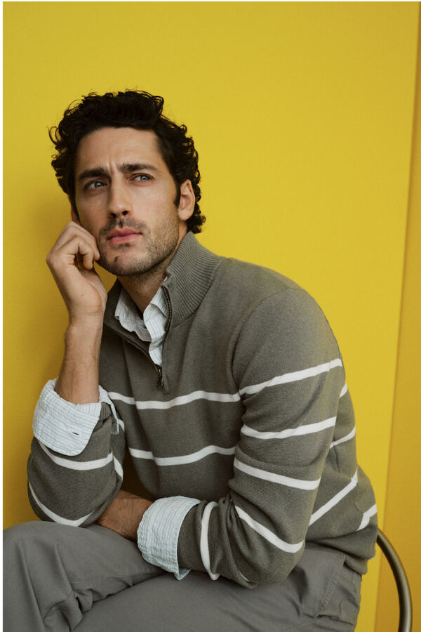 Cortefiel Striped jersey-knit with zip fastening  Kaki