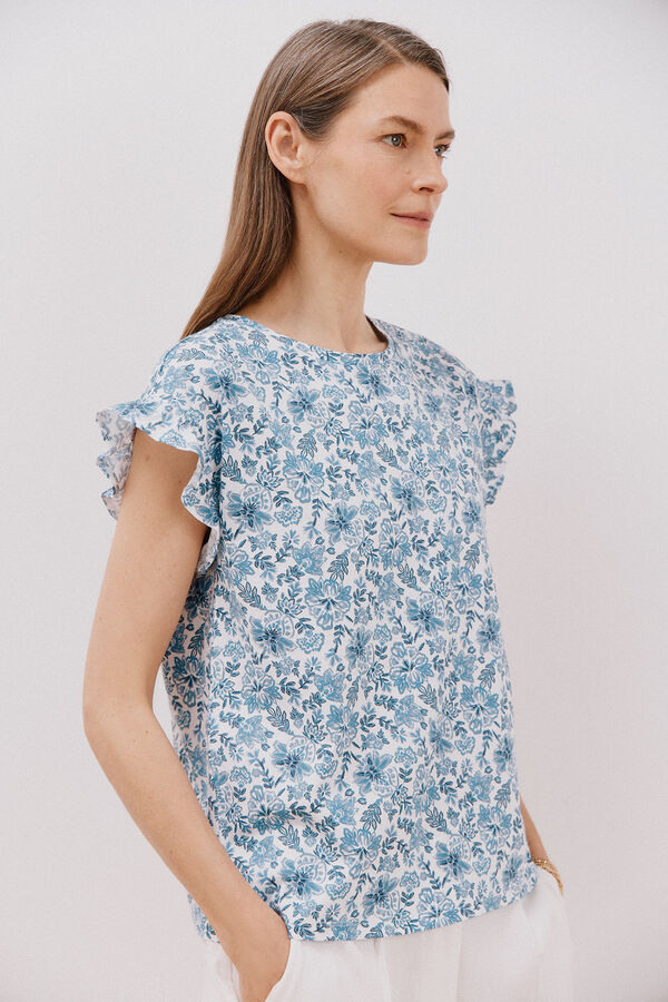 Cortefiel Essential ruffle t-shirt Printed blue