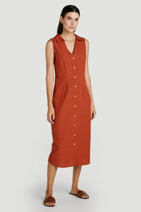 Vila Vestido midi camiseiro de linho Vermelho