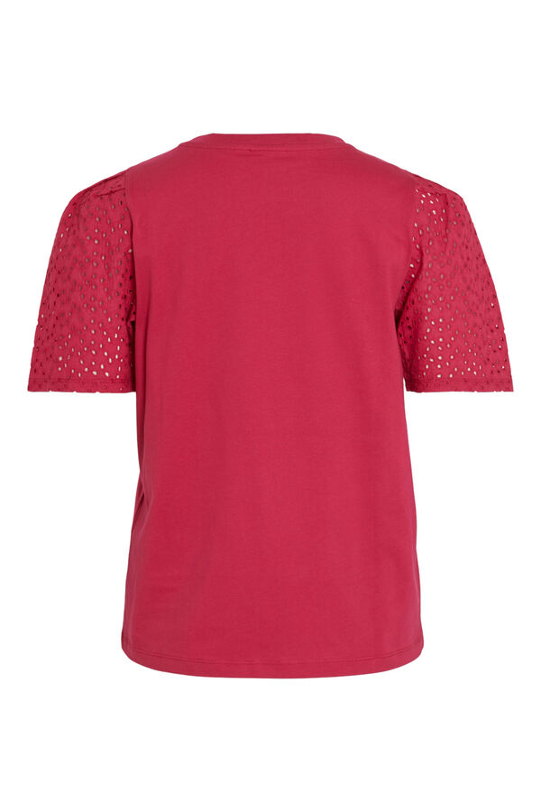 Cortefiel Short-sleeved T-shirt with broderie anglaise detail Red