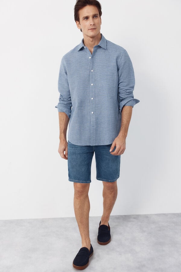 Cortefiel Plaid linen cotton shirt Blue
