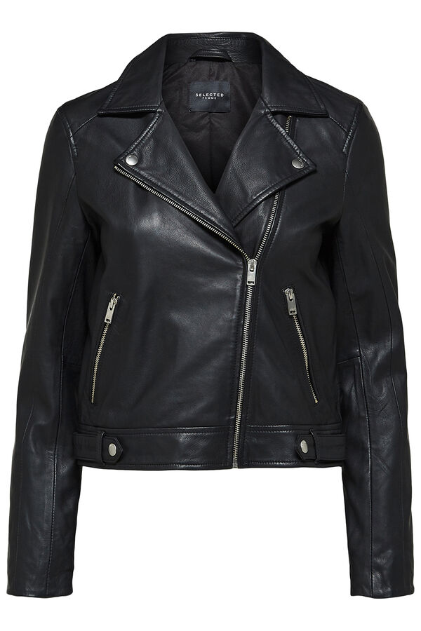 Selected Femme Blusão biker cropped 100% couro. Preto