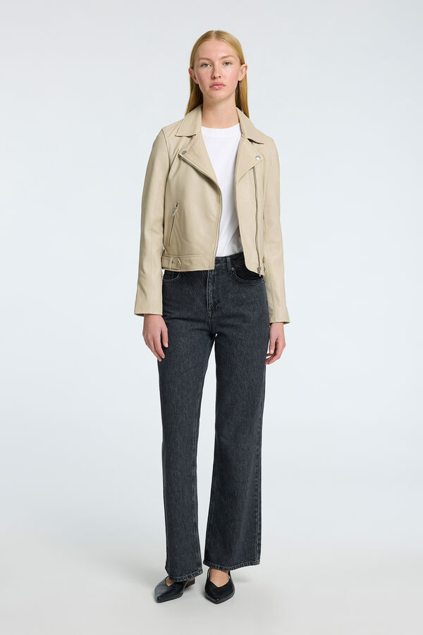 Selected Femme Blusão biker cropped 100% couro. Castanho