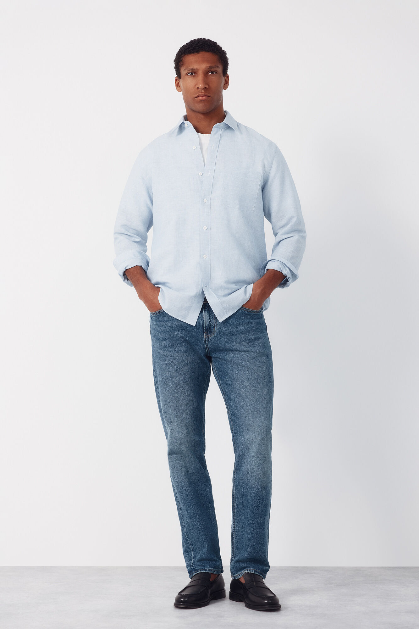 Cortefiel Camisa em linho e algod&atilde;o &agrave;s riscas