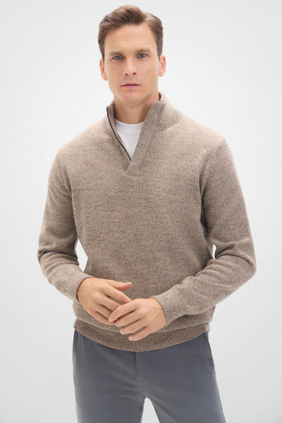 Cortefiel Twisted-knit wool jumper with zip Beige