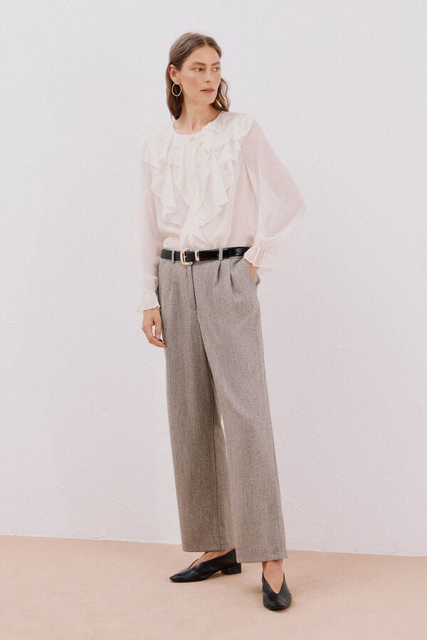 Cortefiel Long, wide-legged trousers with pleats Printed beige