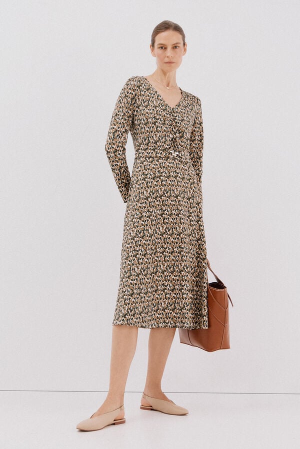 Cortefiel Vestido cinturón Estampado beige