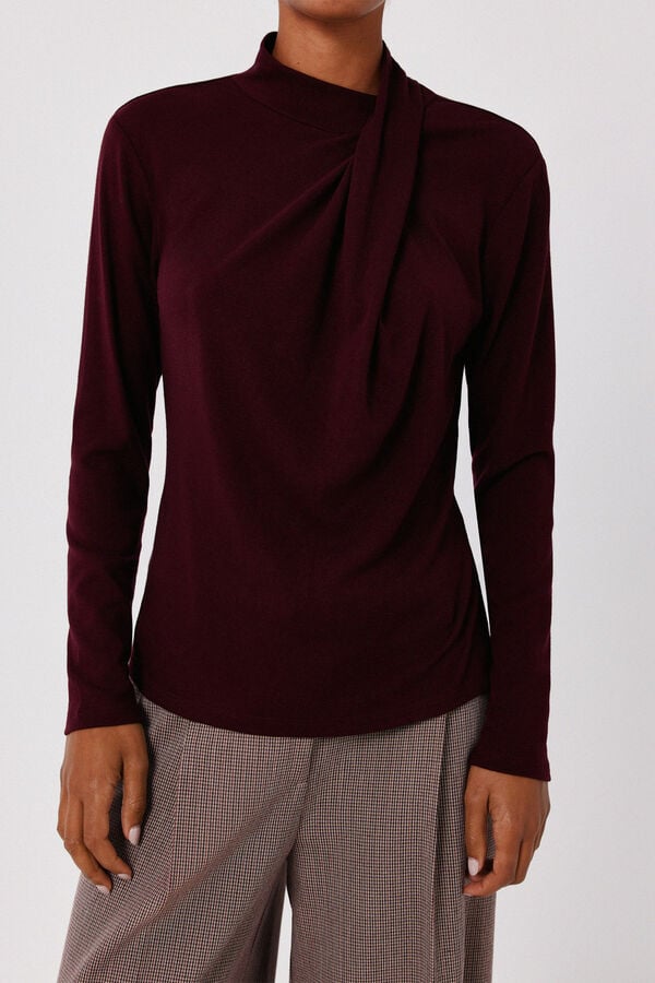 Cortefiel High neck pleated T-shirt Orange