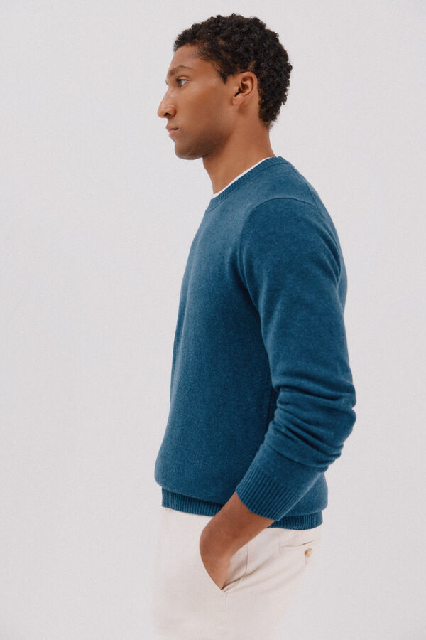 Cortefiel Lambswool jumper with round neck Blue