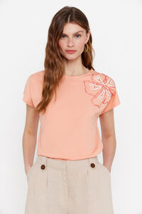 Cortefiel Camiseta bordado flor Coral